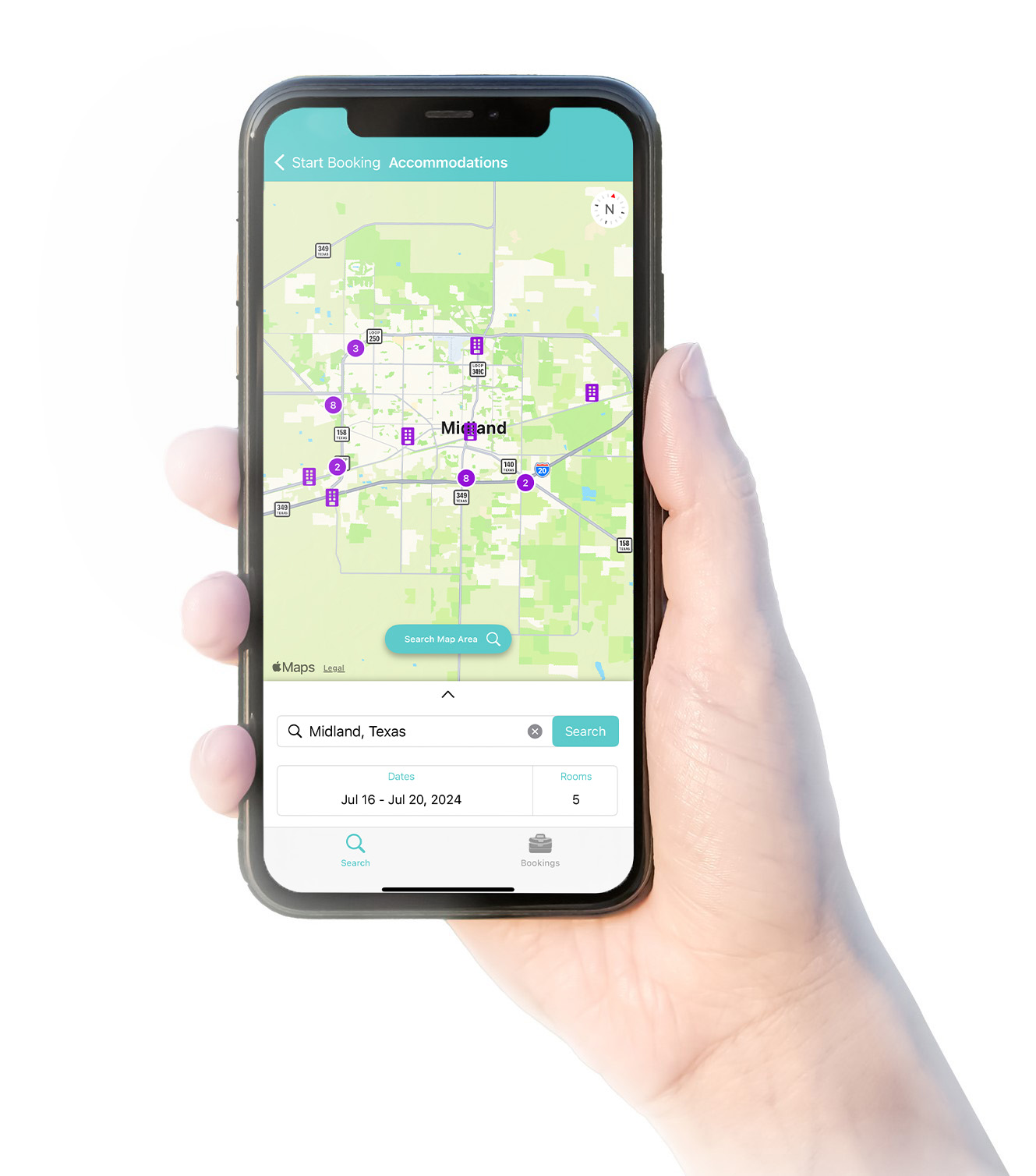 Hand holding a smartphone displaying the LodgeLink app map with hotel locations.