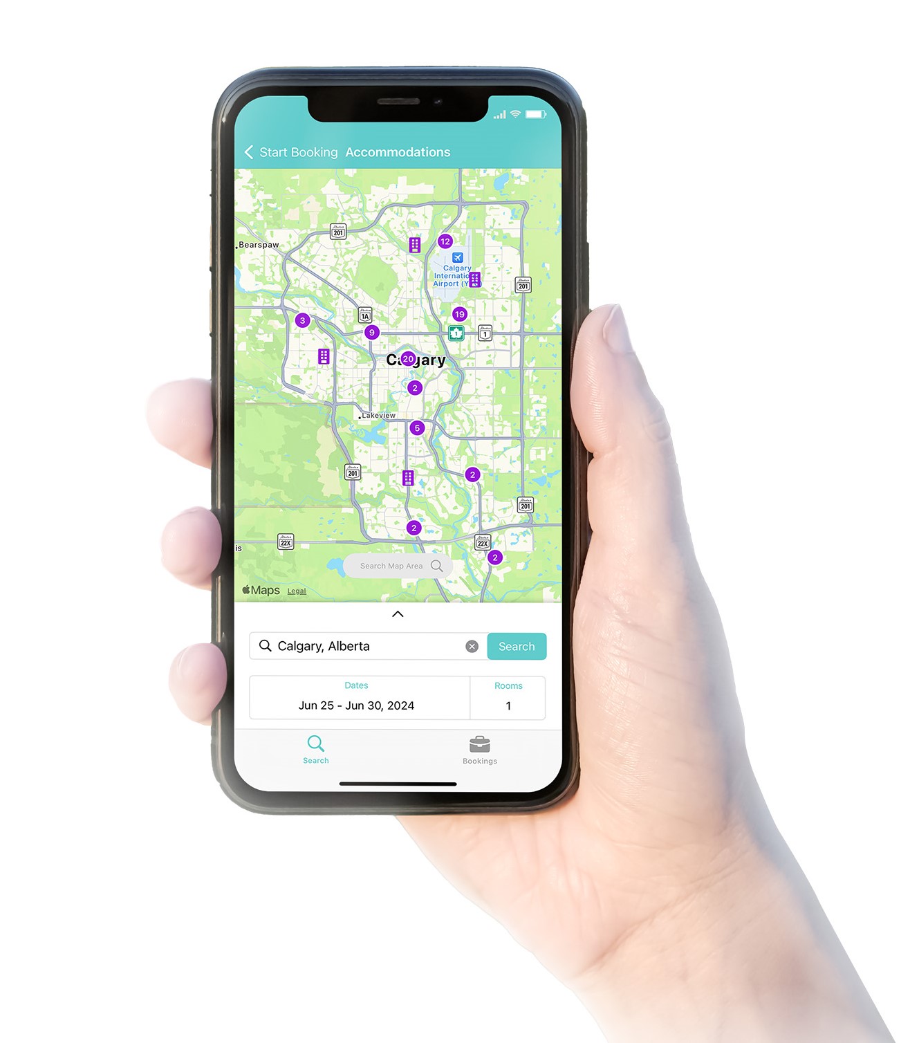 Hand holding a smartphone displaying the LodgeLink app map with hotel locations.