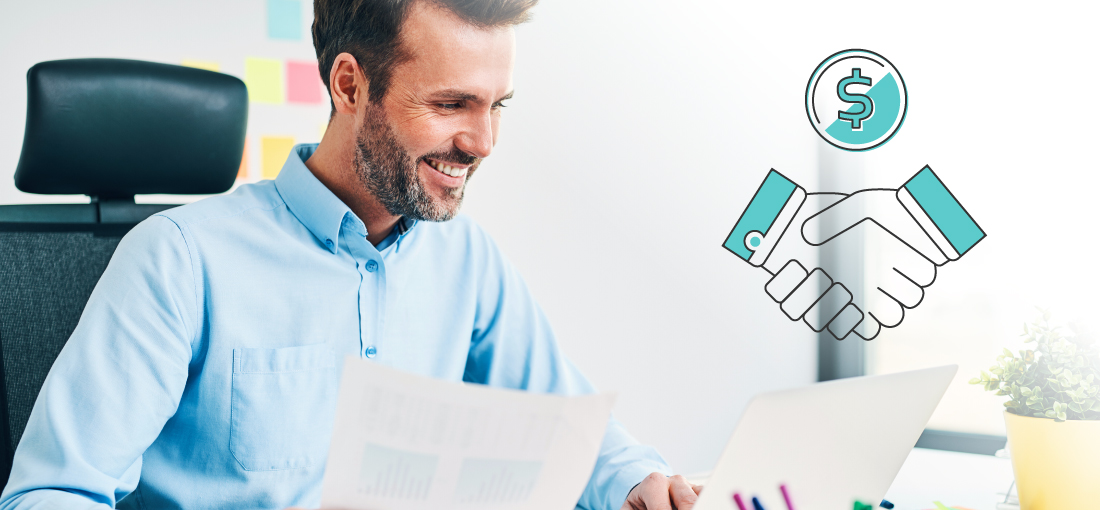 A person smiling at a person with a money and hand shaking graphic