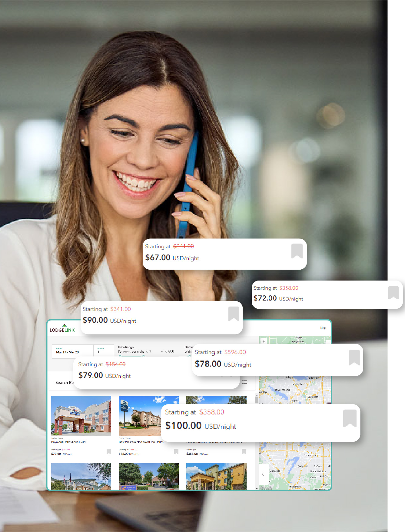A person on the phone with images showing LodgeLink's reduced room rates.