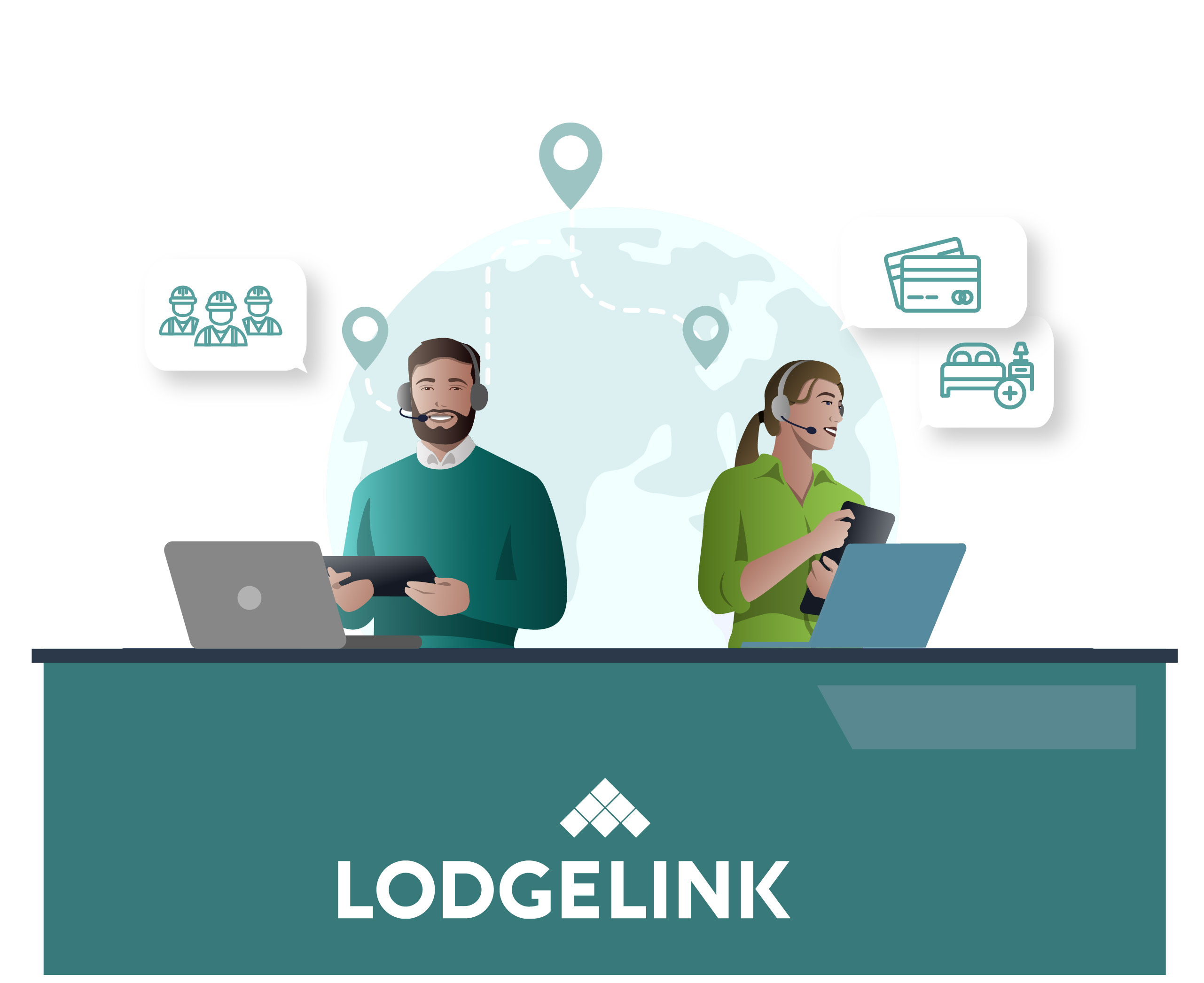 Illustration of two professionals using laptops and tablets with LodgeLink logo and travel icons.