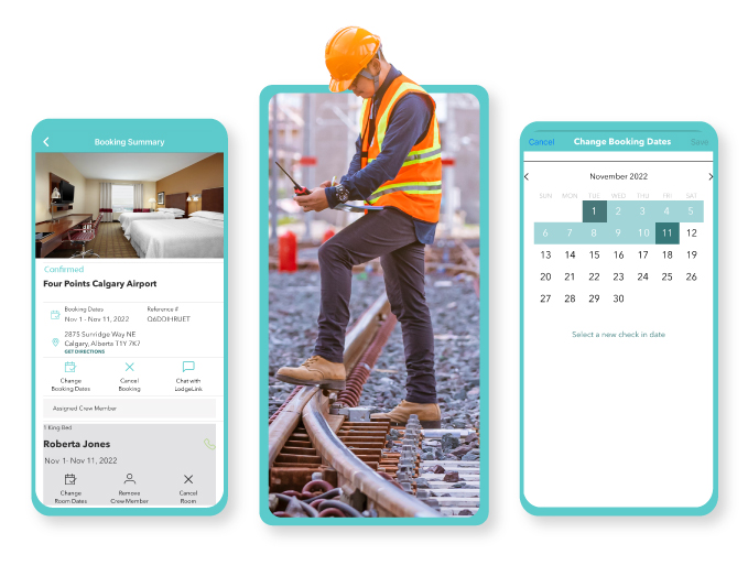 A person in a hard hat on a railroad showing a booking summary. 