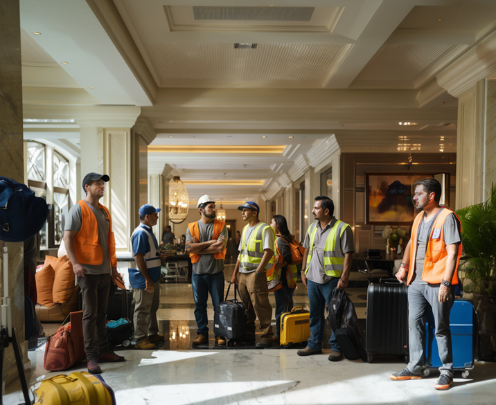 A crew with suitcases in a lobby