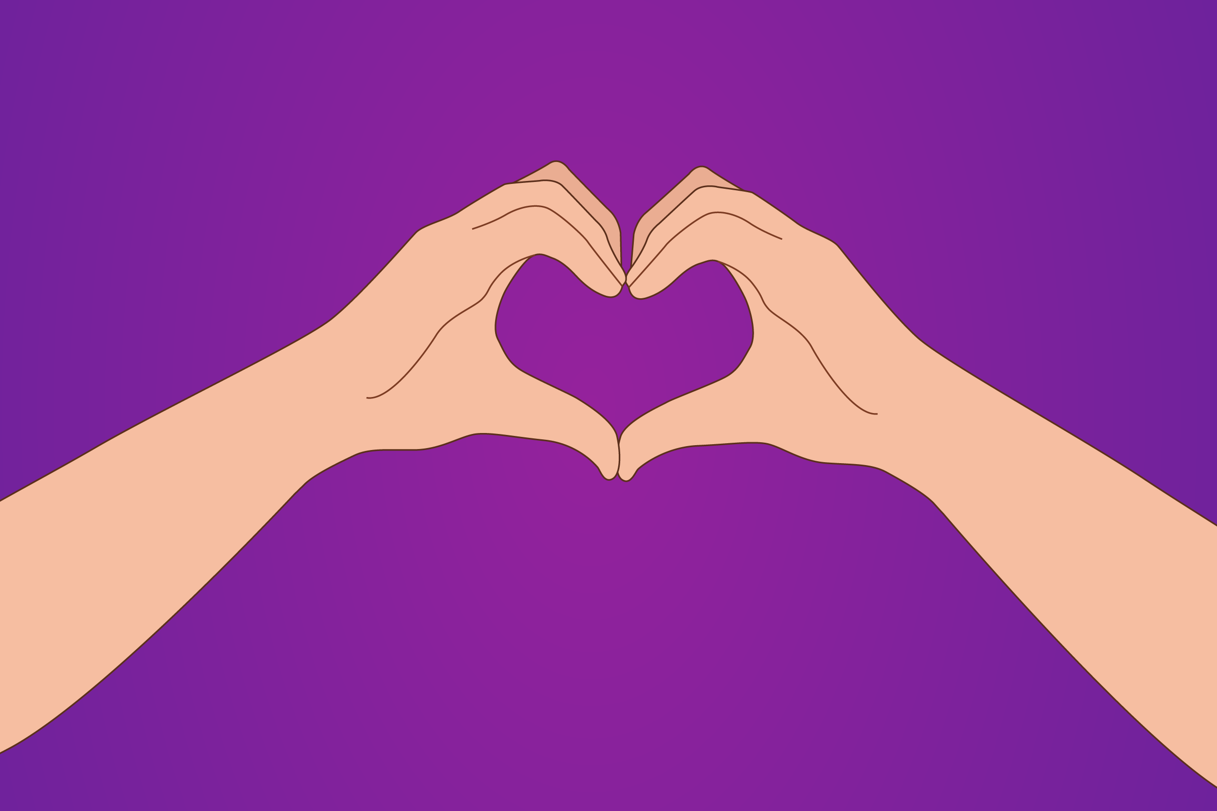 Illustration of two hands forming a heart shape on a purple background.