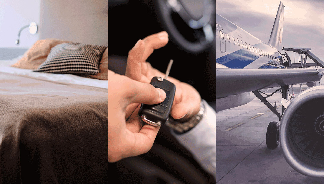 Split image showing a cozy bed, hands holding a car key, and an airplane wing with an engine