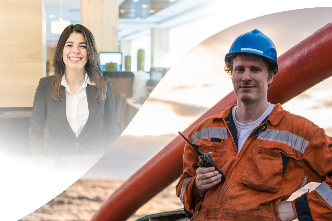 A person with a hard hat and a hotel employee. 