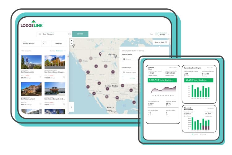 iPad displaying LodgeLink booking hotels page and savings.