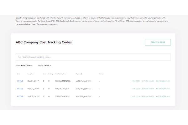 Screenshot of a table titled "ABC Company Gear Tracking Codes," listing item codes, dates, users, and actions, with a search function at the top right.