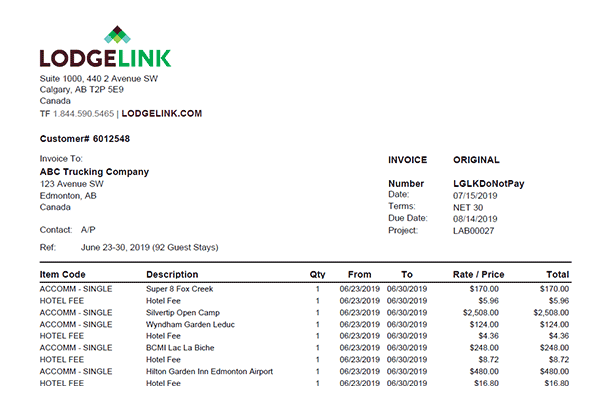 Invoice from LodgeLink to ABC Trucking Company. Includes invoice details, itemized billing with dates, descriptions, quantities, rates, and amounts.