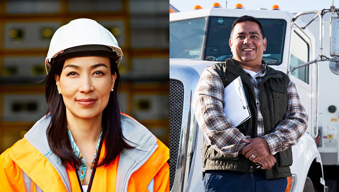 A female worker in a safety helmet and vest, and a male worker standing beside a truck, representing workforce well-being and safety.