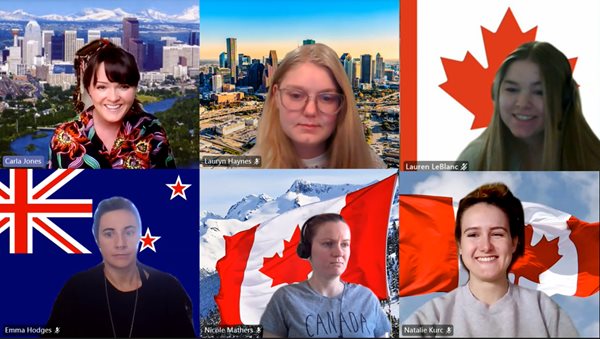 A virtual meeting screenshot showing six women with international flags and cityscapes as backgrounds.