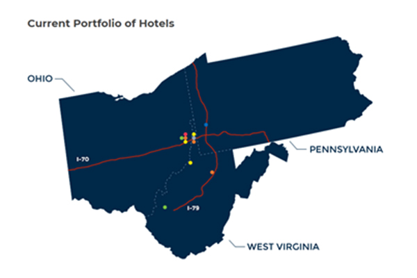 A picture showing the states of Pennsylvania, Ohio, West Virginia's current portfolio of hotels.