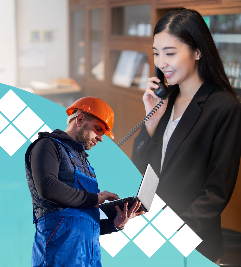 Construction worker on laptop and business woman on the phone over LodgeLink logo.