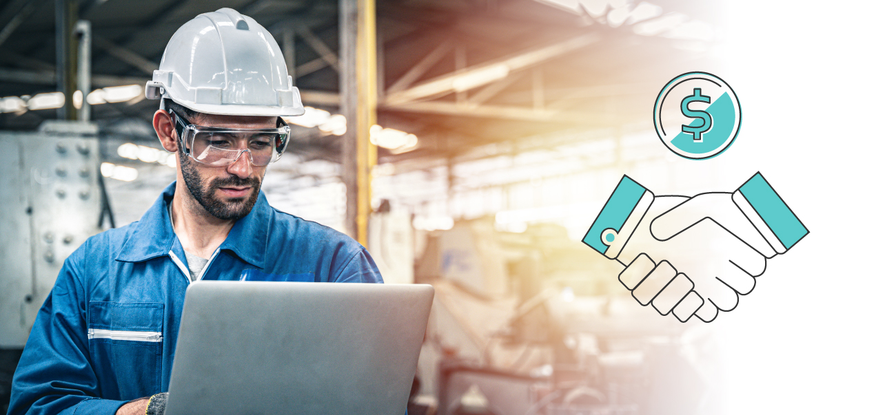 Construction worker on laptop with hand shake graphic.