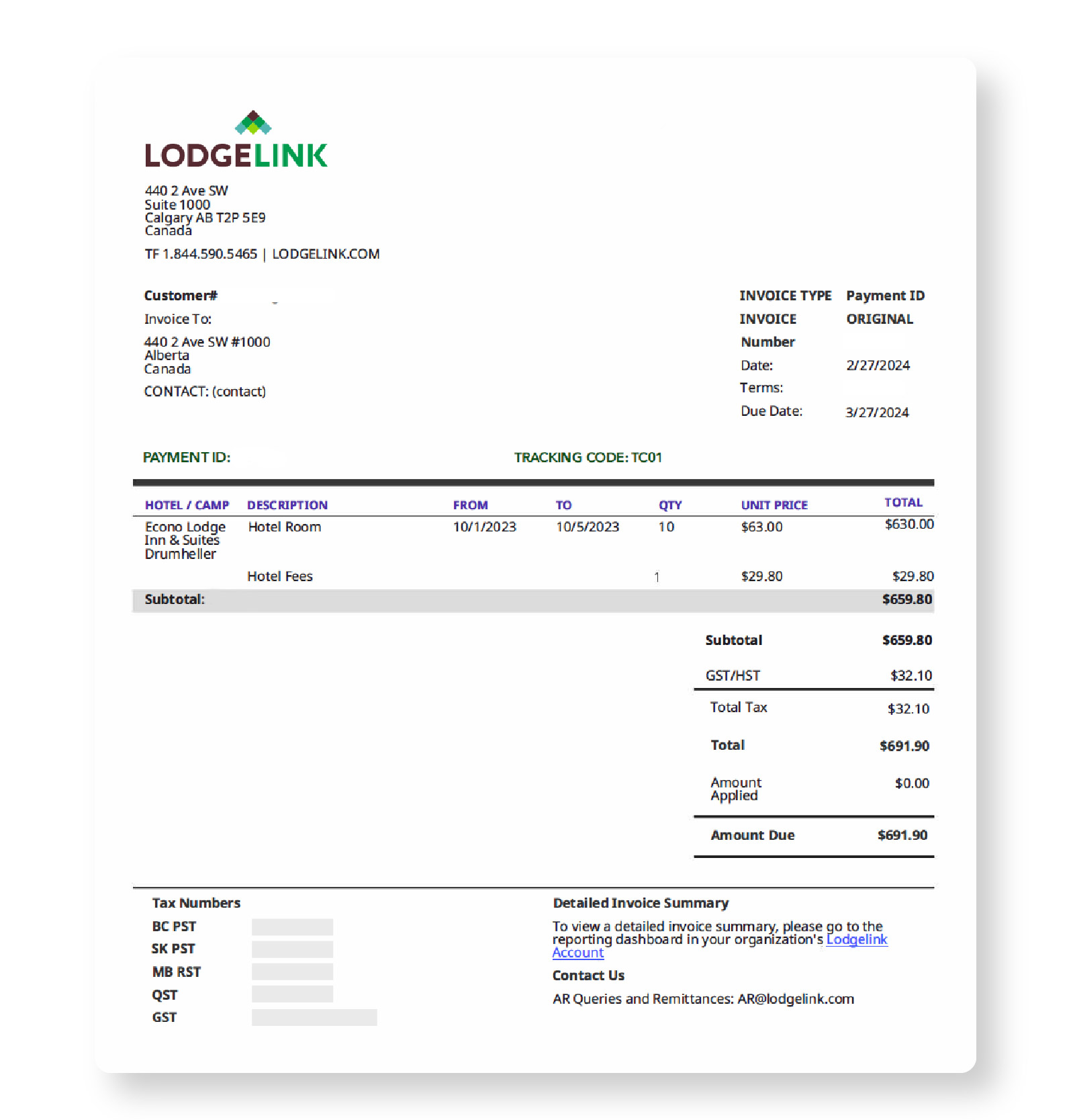 Sample LodgeLink consolidated invoice summarizing workforce hotel bookings and charges.