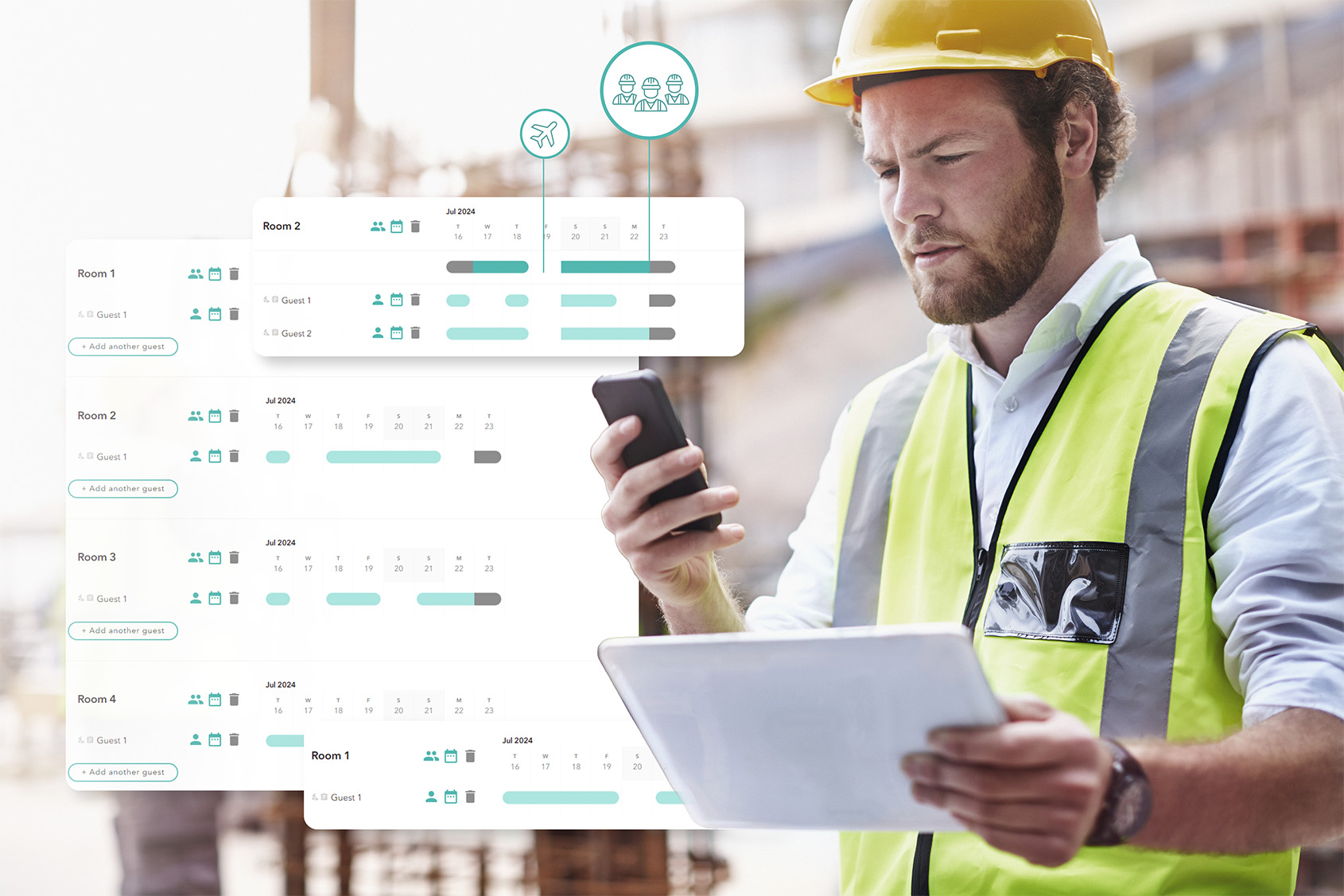 Construction worker using LodgeLink’s platform on a mobile phone and tablet for booking updates.