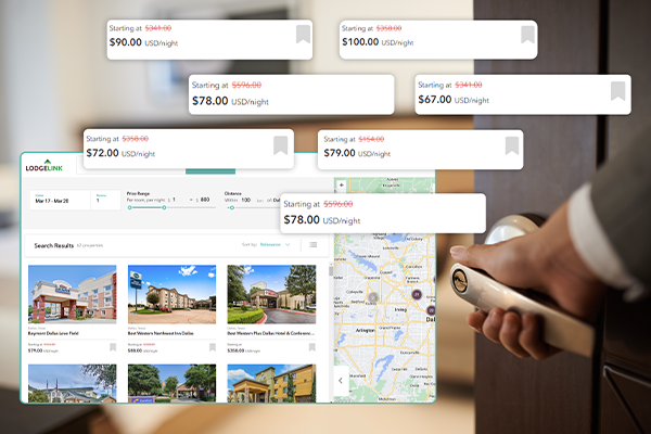 LodgeLink hotel booking platform showing discounted rates and savings.