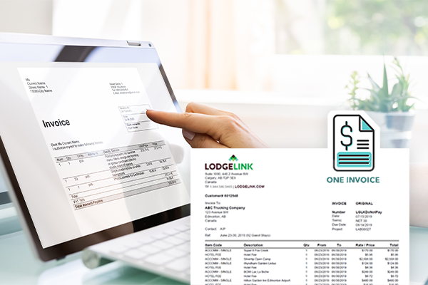 LodgeLink consolidated invoice displayed on a tablet with invoice graphic overlay.