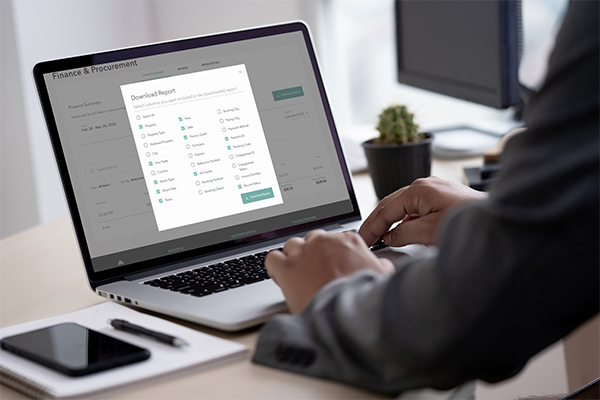 Business man downloading finance report on laptop.