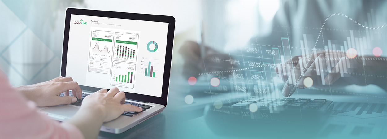 Business woman looking at LodgeLink report on laptop.