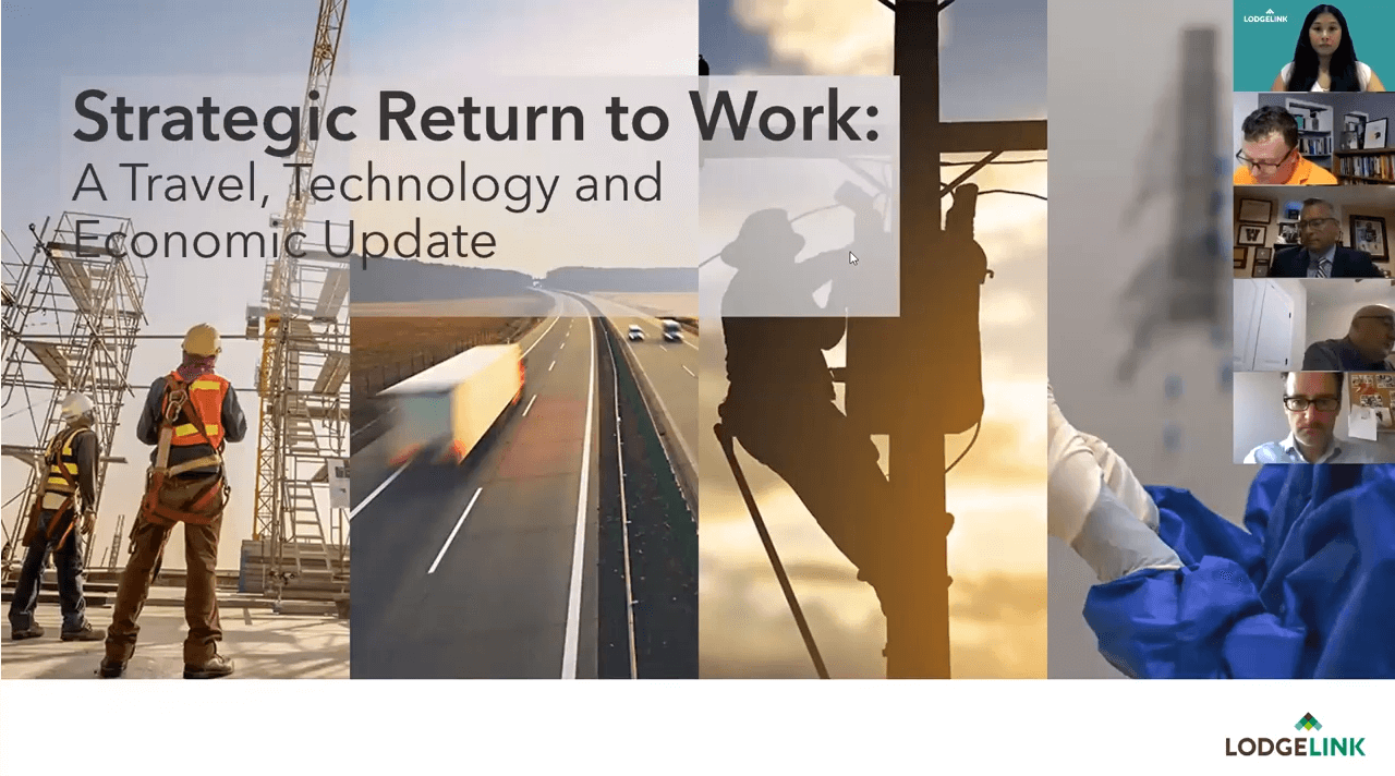 Collage titled "Strategic Return to Work," showing construction, a road, technology, and people working, symbolizing progress and collaboration.