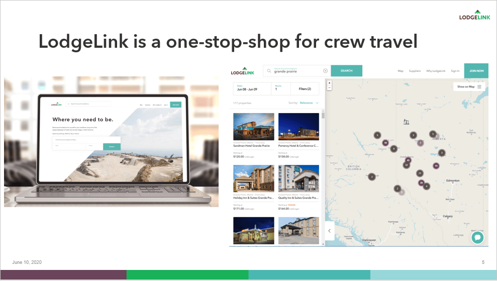 LodgeLink promotion showcasing a laptop displaying its website, accommodation listings, and a map with location markers, highlighting ease of crew travel booking.