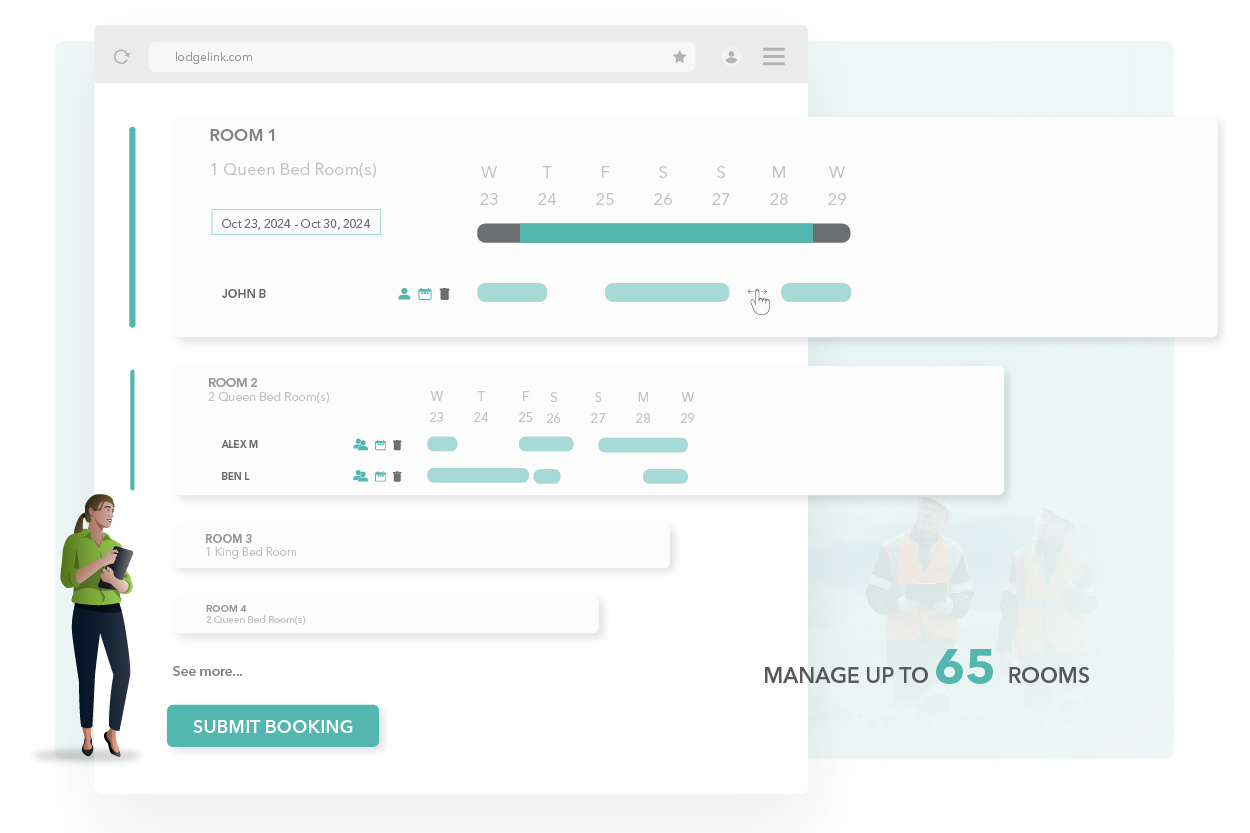 Online booking interface showing multiple room schedules with the option to manage up to 65 rooms.