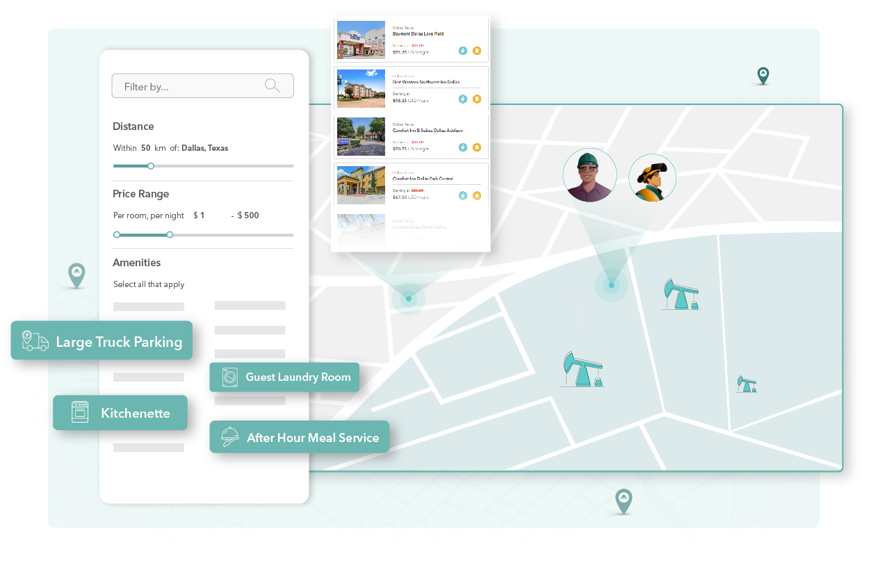 A digital interface displaying a map with location markers and search results for location listings.