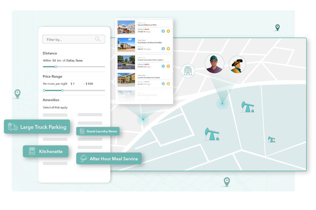 A digital interface displaying a map with location markers and search results for location listings.