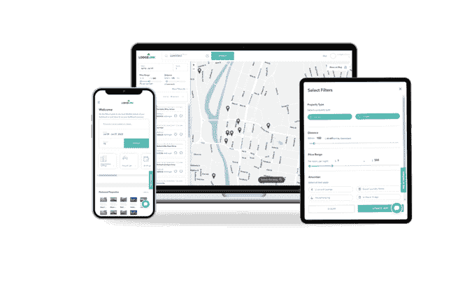 LodgeLink booking platform displayed on mobile, laptop, and tablet screens with an interactive map.