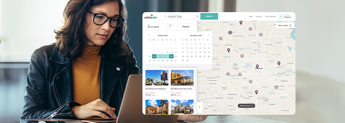 Business traveller using LodgeLink platform on laptop to view hotel map and booking calendar.
