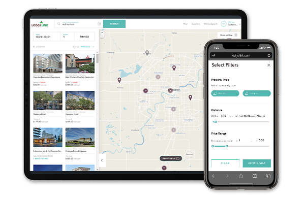 A tablet and phone on the  LodgeLink app showing travel management technology mobile search.