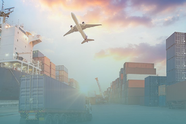 Container ship, cargo containers, and airplane overhead illustrating LodgeLink's air and ground transportation for workforce crews