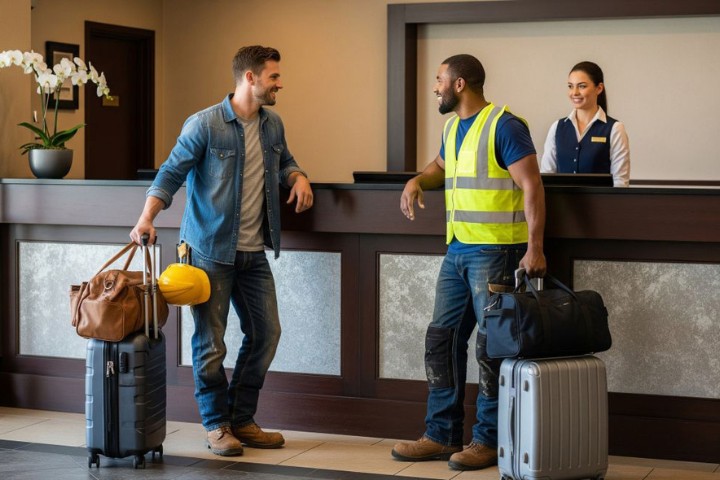 Two crew workers, one wearing a high-visibility safety vest and holding a hard hat, checking in with luggage at a hotel front desk while the receptionist welcomes them
