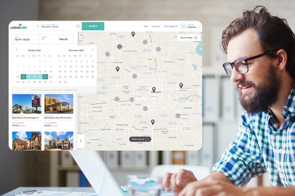 Man using LodgeLink to search crew-ready hotels in Houston, Texas, with a map view of properties and filtered results by date