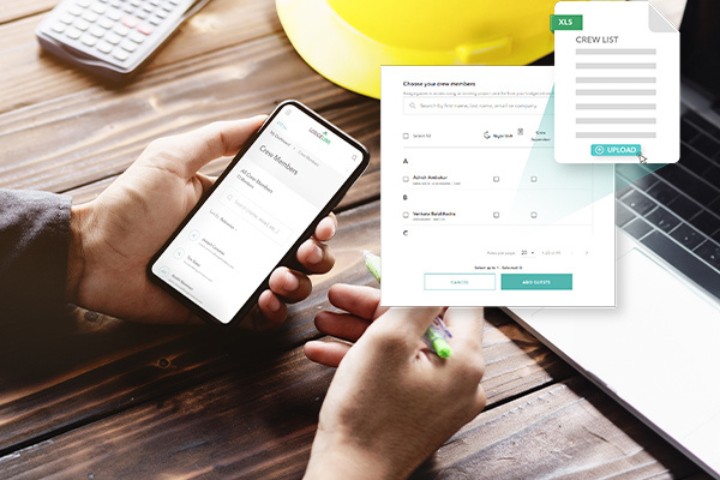 Hands using the LodgeLink mobile app on a phone alongside a laptop showing crew member selection and crew list upload for group workforce bookings