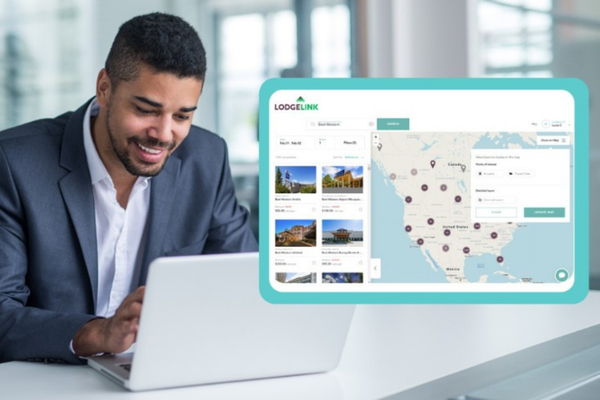 LodgeLink search interface showing hotel options and a map of workforce lodging locations