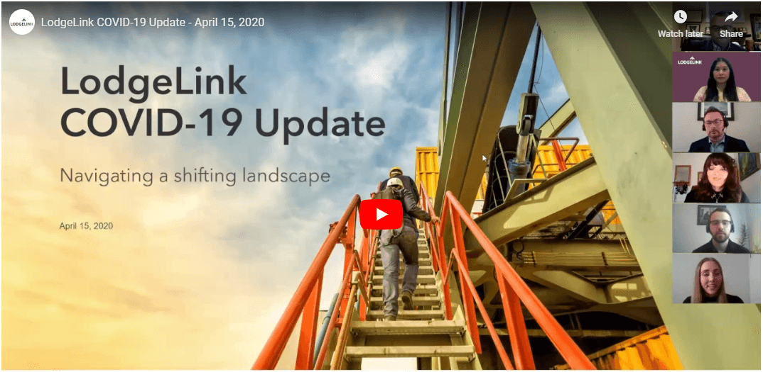LodgeLink webinar presentation slide titled “Covid-19 Update” with travel and technology visuals.