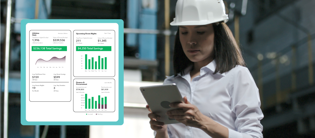 Construction worker on iPad with graph graphics.