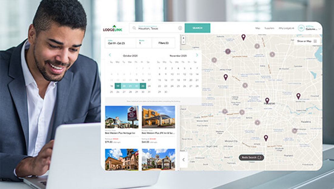 A person looking at a computer with a screenshot of LodgeLinks workforce travel site