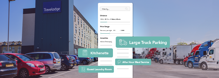 A hotel parking lot with trucks and cars, featuring booking details and amenities like large truck parking and 24-hour security.