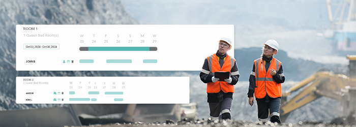 Two workers in safety gear walking through a mining site, with an overlay of workforce accommodation booking details.
