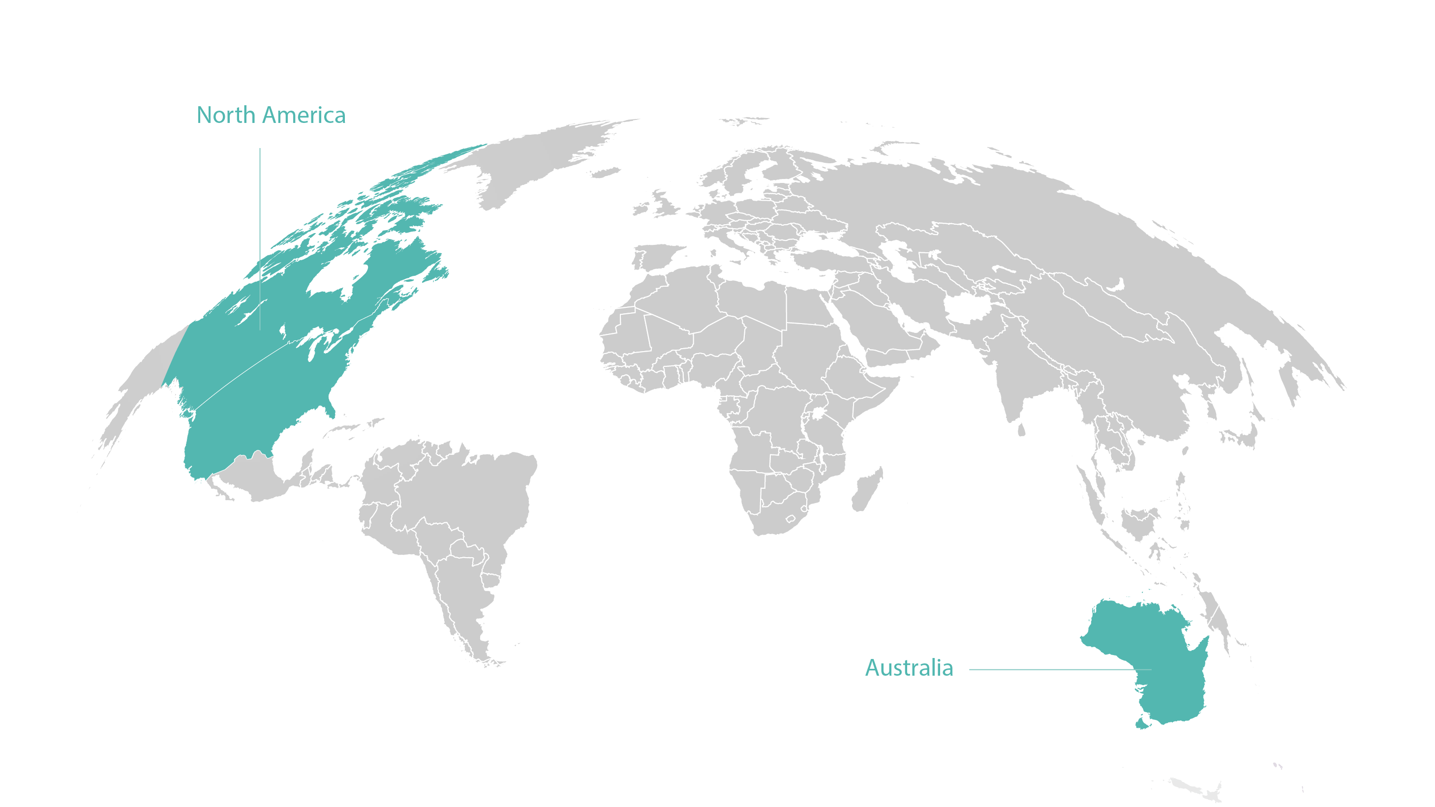LodgeLink Service Regions – North America & Australia A world map highlighting North America and Australia, indicating LodgeLink’s workforce travel service regions.