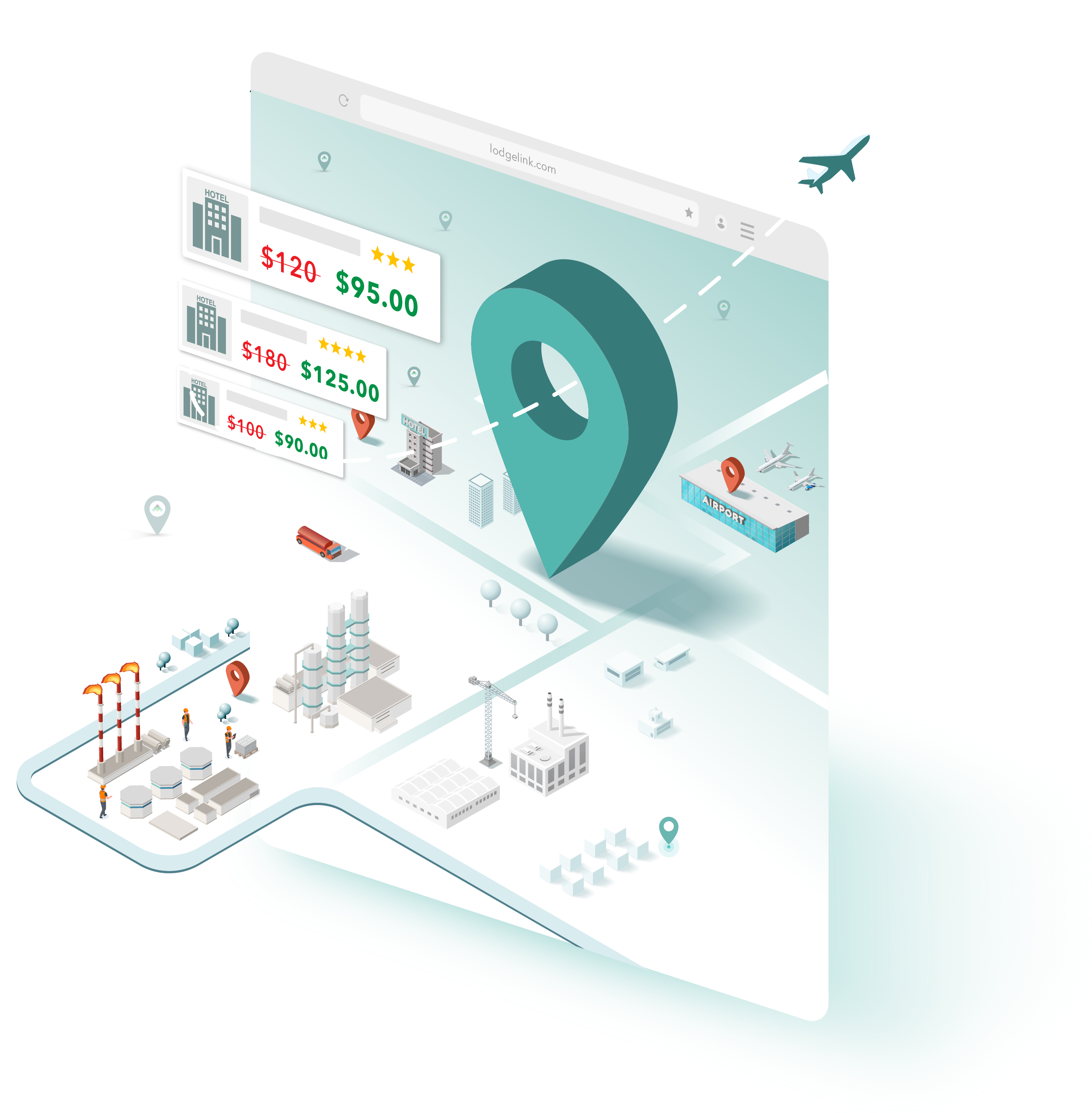 3D illustration of LodgeLink workforce travel platform with hotel search and booking map.
