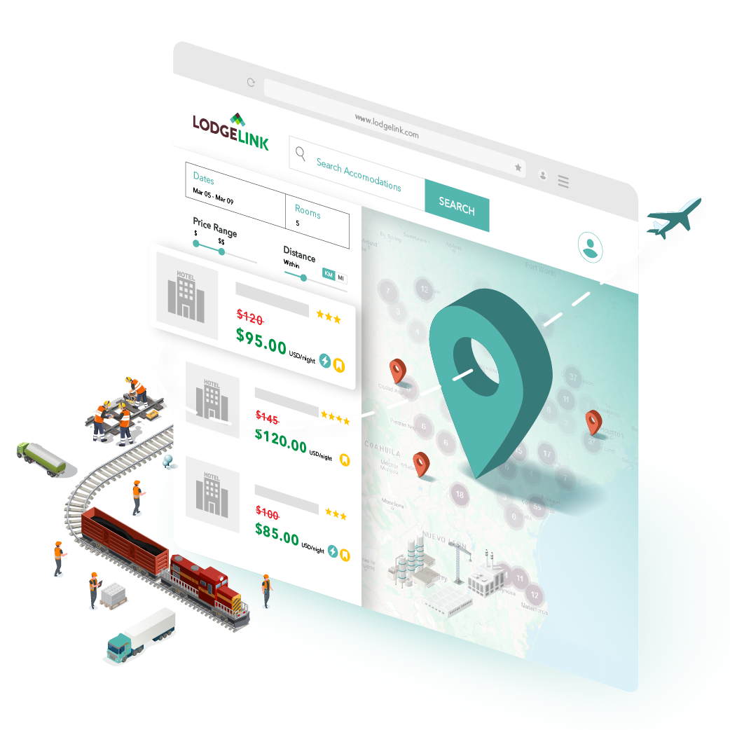 LodgeLink booking platform illustration with pricing and location pin, connected to transportation industry graphics.