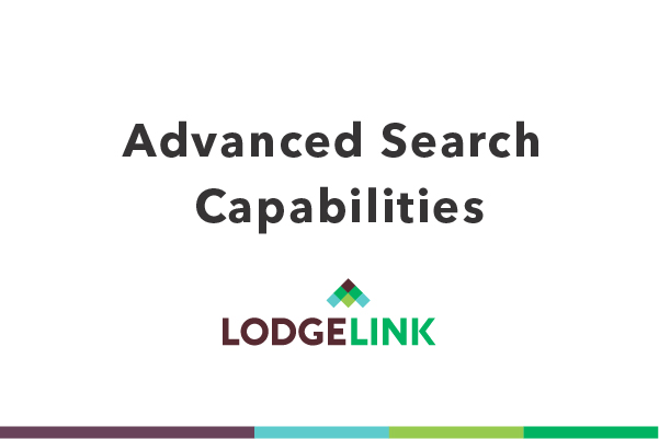 A white background with black text showing advanced search capabilities with the LodgeLink logo underneath