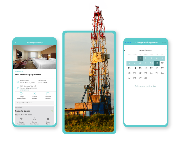 A fracking site with images of a workforce travel mobile app