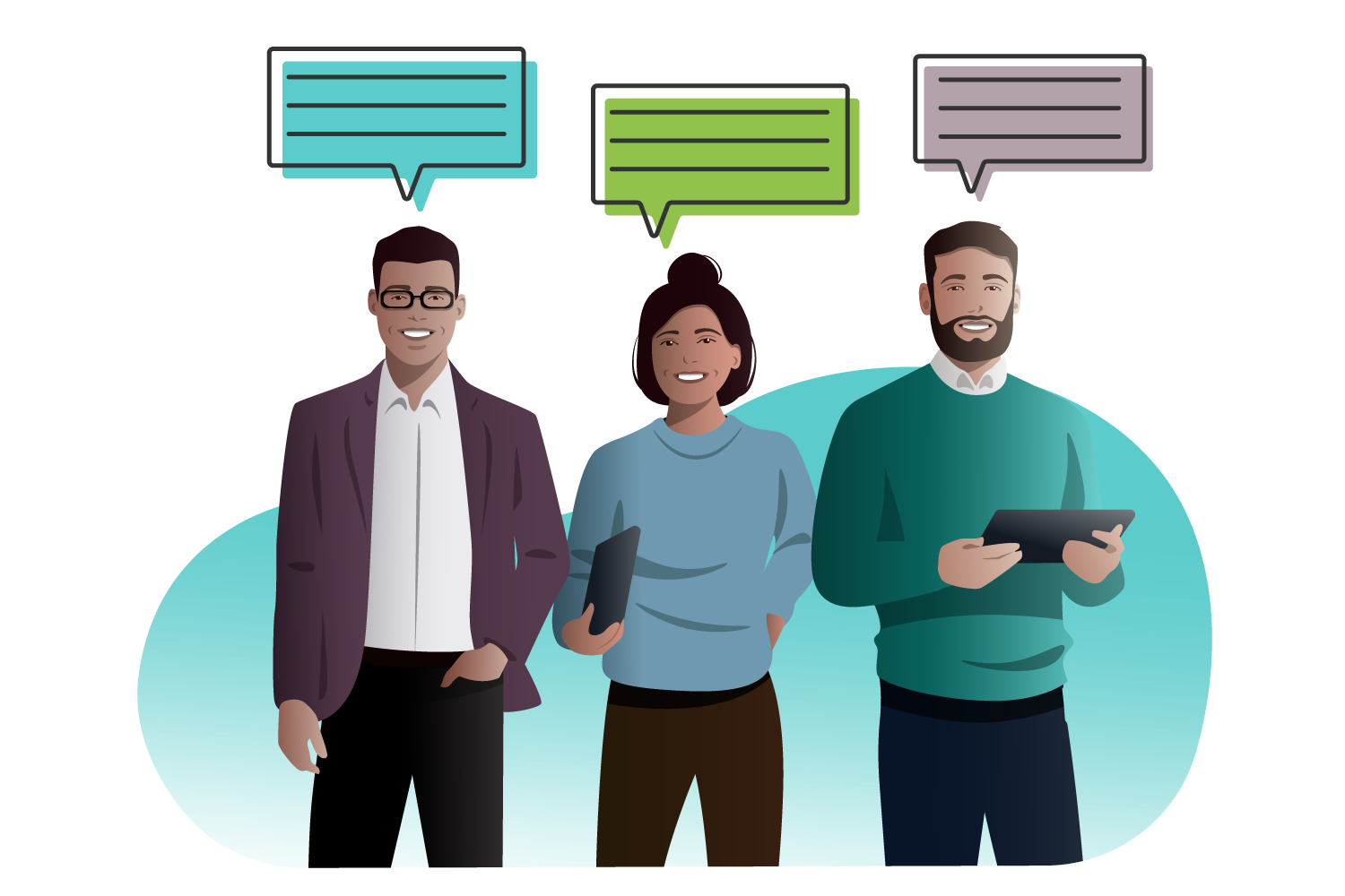 LodgeLink customer service representatives with speech bubbles standing next to each other.	
