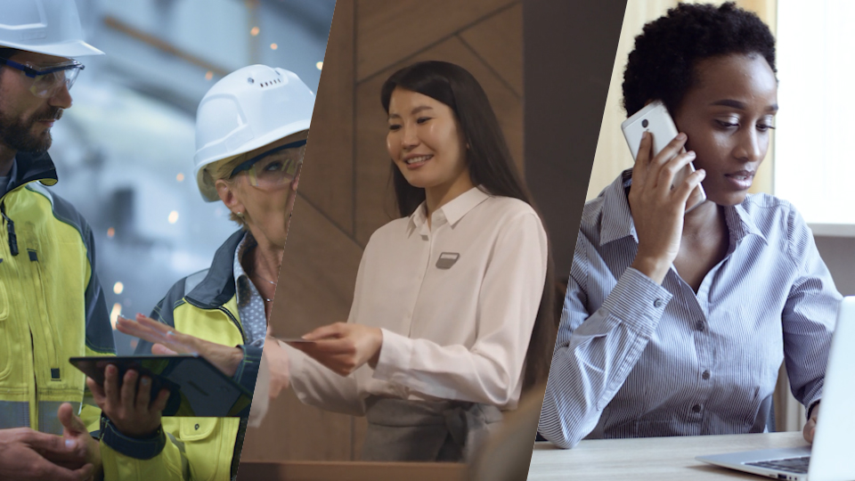 a collage of crew workers in hard hats and LodgeLink demo representatives talking on their phones.