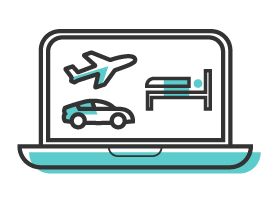 A computer with car, plane and bed icons on the screen 